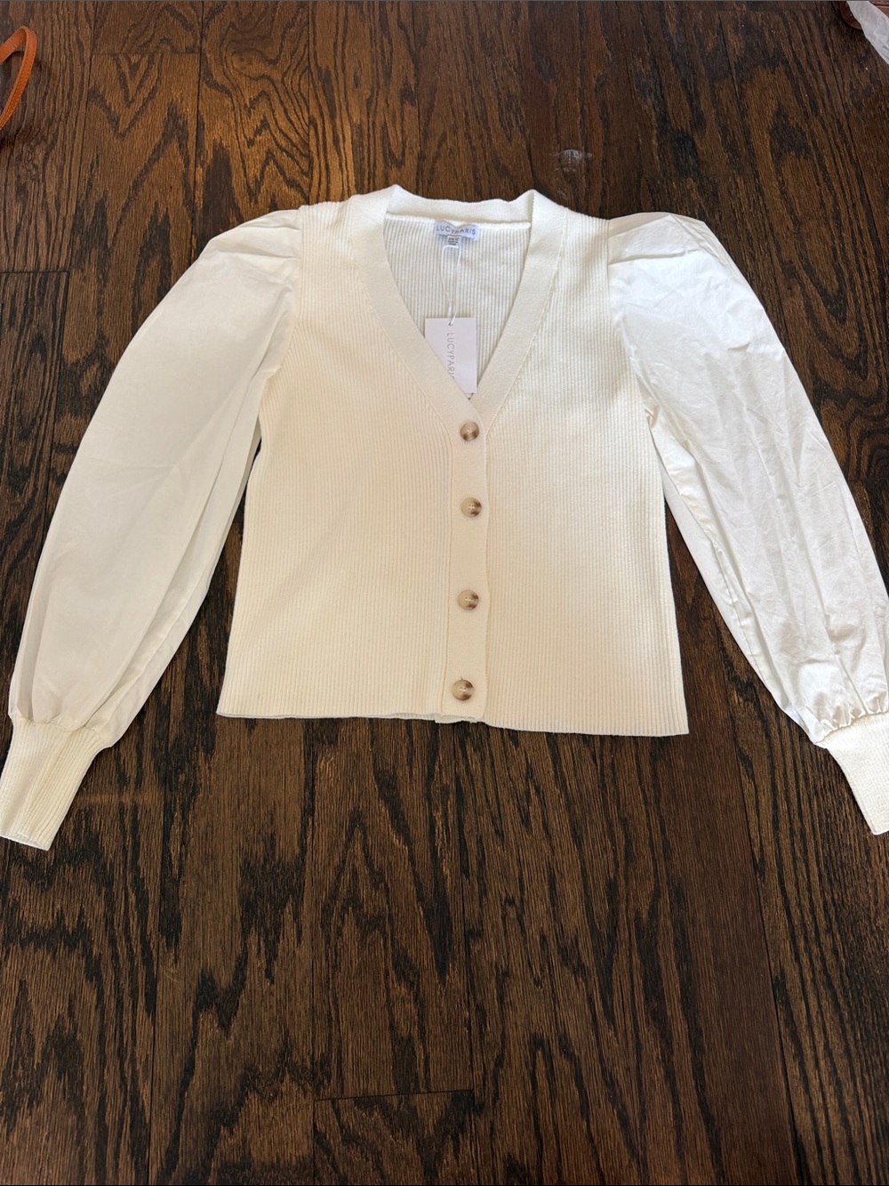 Lucy Paris Cream Puff-Sleeve V-Neck Button Cardigan (Size XS, NWT)